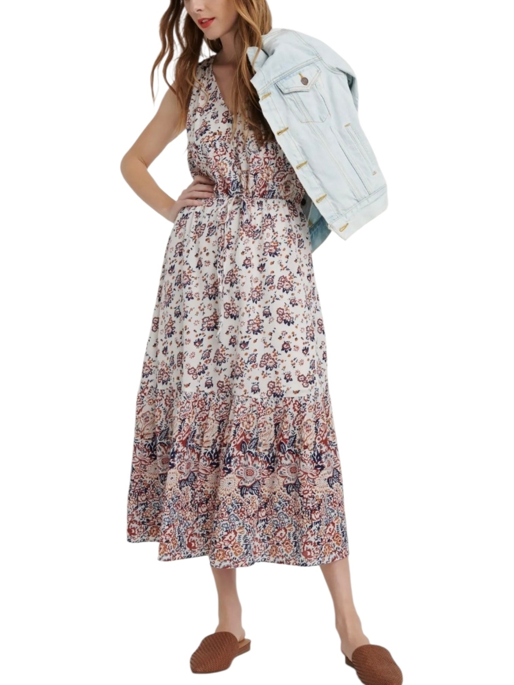 Lucky 2X Floral Border Print Cotton Maxi WesternBoho V Neck Drawstring Coastal